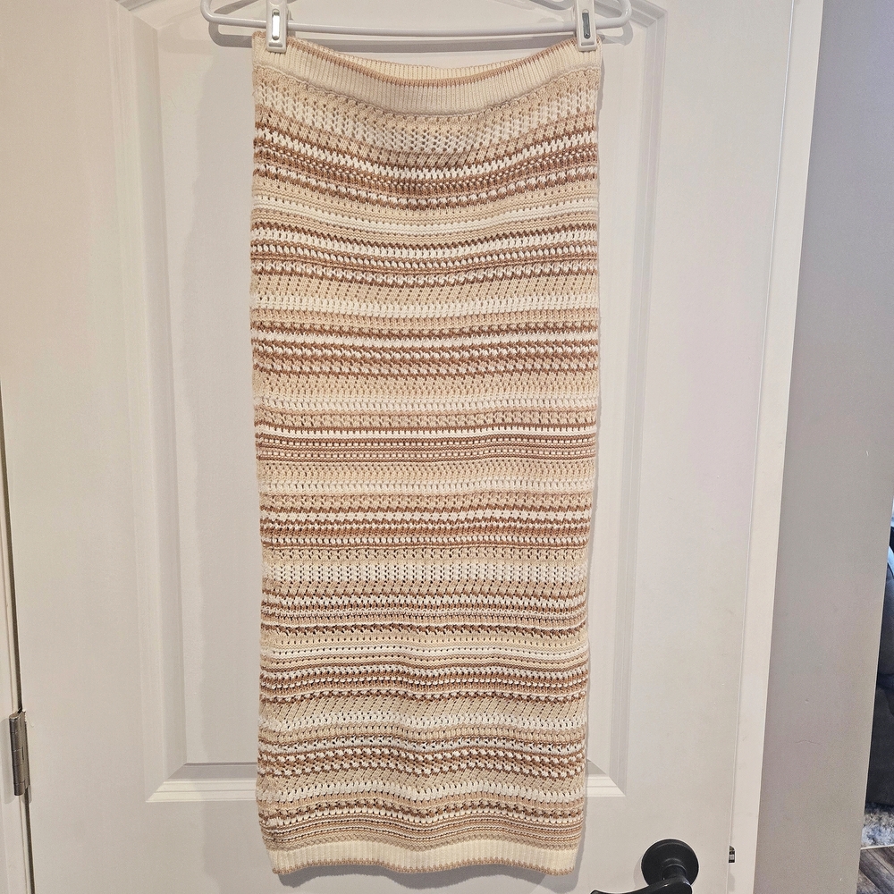 Rachel Zoe Boho Crochet Striped Knit Midi Skirt Tan Cream Size Xs